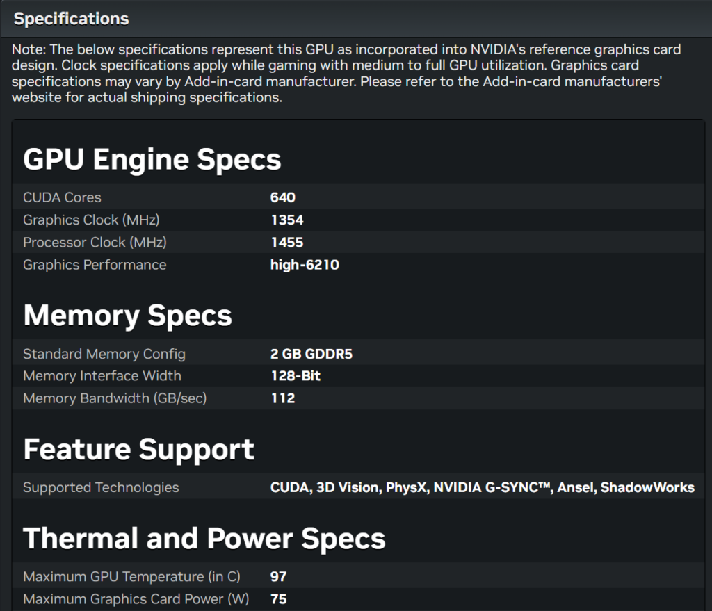 Nvidia GeForce GTX 1050 Specs