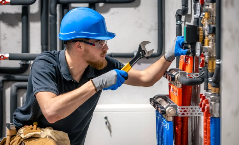technician checking heating system boiler room